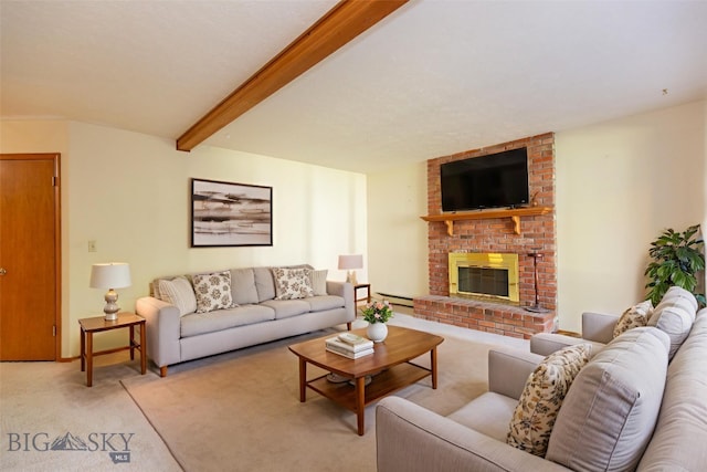 2200 W Dickerson Unit 46, Bozeman, MT 59718 - living area with light carpet, a fireplace, beamed ceiling, and baseboard heating