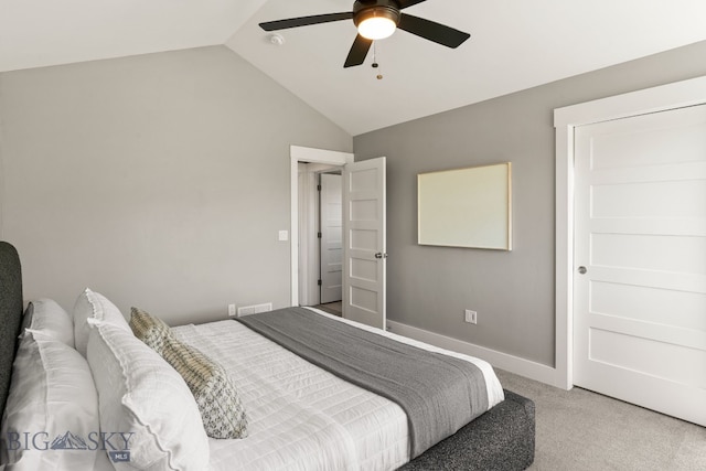 3139 Blackbird Dr, Bozeman, MT 59718 - bedroom with vaulted ceiling, light colored carpet, and ceiling fan