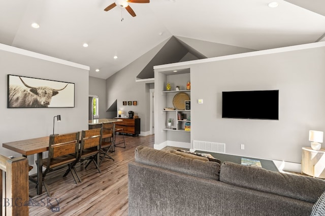 3139 Blackbird Dr, Bozeman, MT 59718 - living area featuring a ceiling fan, light wood finished floors, recessed lighting, and high vaulted ceiling