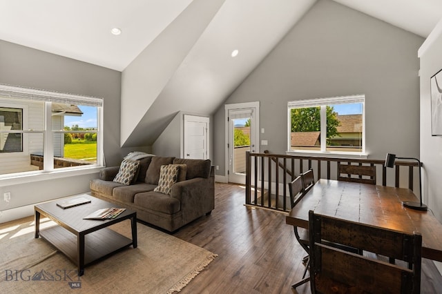 3139 Blackbird Dr, Bozeman, MT 59718 - living area featuring plenty of natural light, wood finished floors, recessed lighting, and high vaulted ceiling