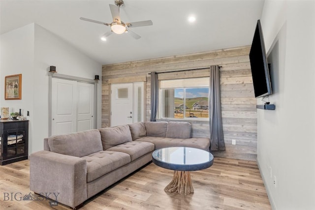 15 Santa Fe Trl, Three Forks, MT 59752 - living room with vaulted ceiling, a ceiling fan, wood walls, light wood-style floors, and recessed lighting