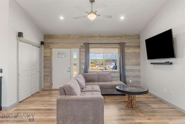 15 Santa Fe Trl, Three Forks, MT 59752 - living room with wood walls, ceiling fan, light wood-style floors, and recessed lighting