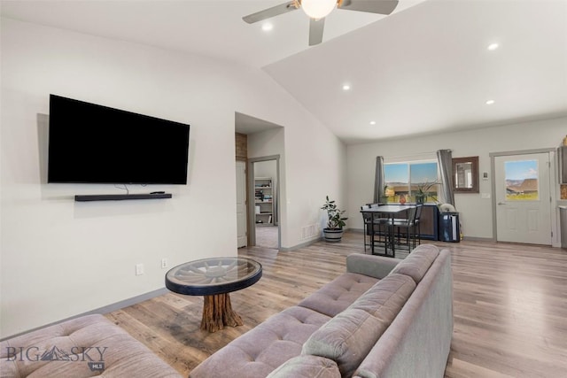 15 Santa Fe Trl, Three Forks, MT 59752 - living area featuring ceiling fan, light wood-style flooring, lofted ceiling, and recessed lighting