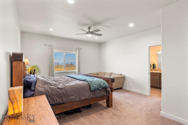 15 Santa Fe Trl, Three Forks, MT 59752 - bedroom featuring recessed lighting, light carpet, ensuite bath, and a ceiling fan