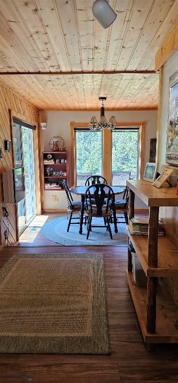 1105 S Boulder Rd, Cardwell, MT 59721 - dining space featuring plenty of natural light, wood ceiling, a chandelier, hardwood / wood-style flooring, and wooden walls