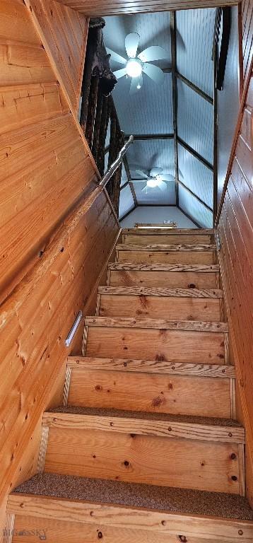 1105 S Boulder Rd, Cardwell, MT 59721 - stairs featuring wood walls and a ceiling fan