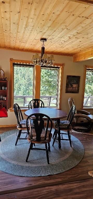 1105 S Boulder Rd, Cardwell, MT 59721 - dining space with wood ceiling, hardwood / wood-style floors, and a chandelier