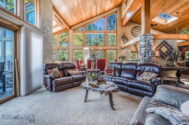 953 Angel Point Rd, Lakeside, MT 59922 - carpeted living area featuring high vaulted ceiling, a wood ceiling with exposed beams, and a skylight