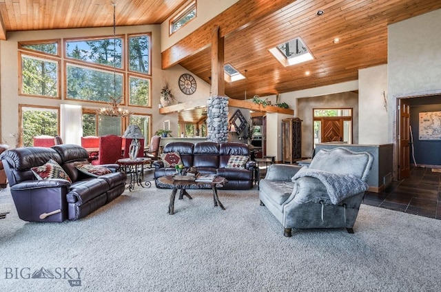 953 Angel Point Rd, Lakeside, MT 59922 - carpeted living room with wood ceiling, high vaulted ceiling, healthy amount of natural light, a chandelier, and a skylight
