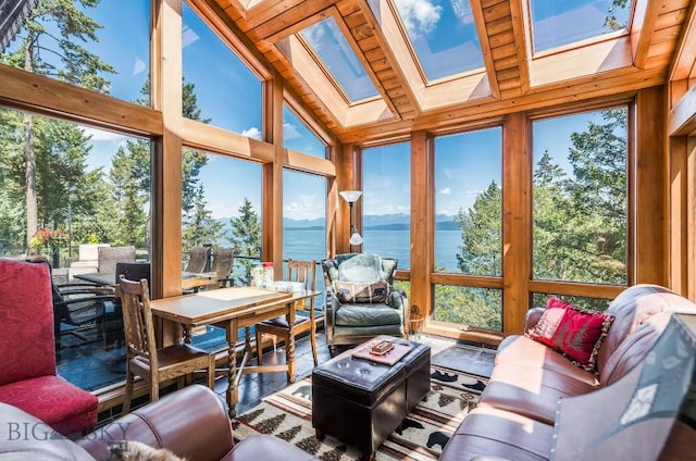 953 Angel Point Rd, Lakeside, MT 59922 - sunroom / solarium featuring a skylight, a water view, and plenty of natural light