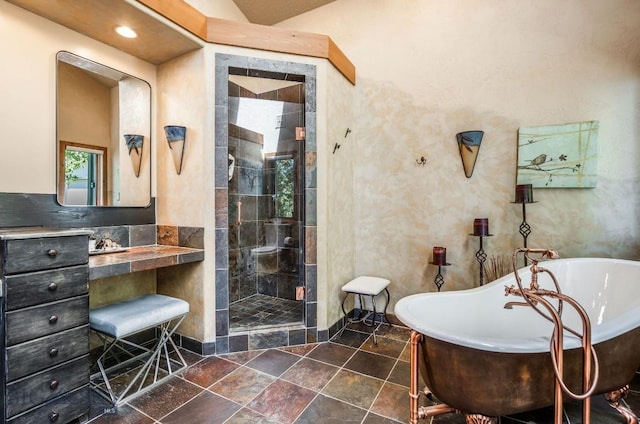 953 Angel Point Rd, Lakeside, MT 59922 - bathroom with a freestanding bath, a shower stall, stone tile floors, and recessed lighting