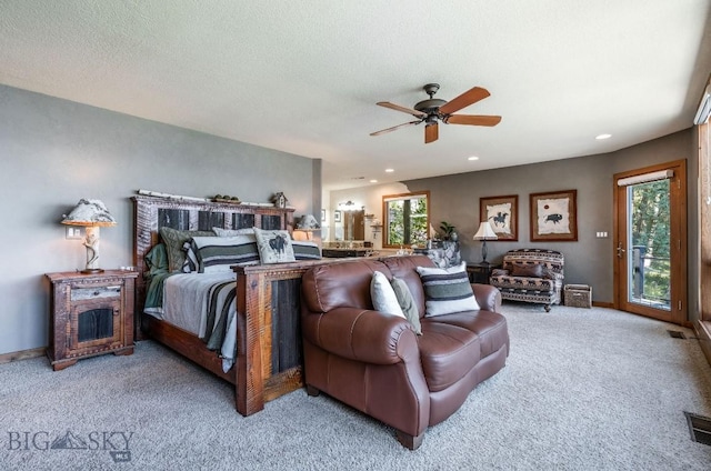 953 Angel Point Rd, Lakeside, MT 59922 - carpeted bedroom featuring access to outside, a ceiling fan, and recessed lighting