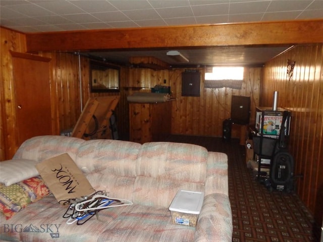 120 Balsam St, Anaconda, MT 59711 - living room with wood walls, carpet floors, and electric panel