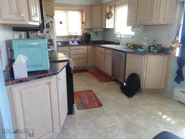120 Balsam St, Anaconda, MT 59711 - kitchen featuring electric stove, stainless steel dishwasher, light brown cabinets, and dark countertops