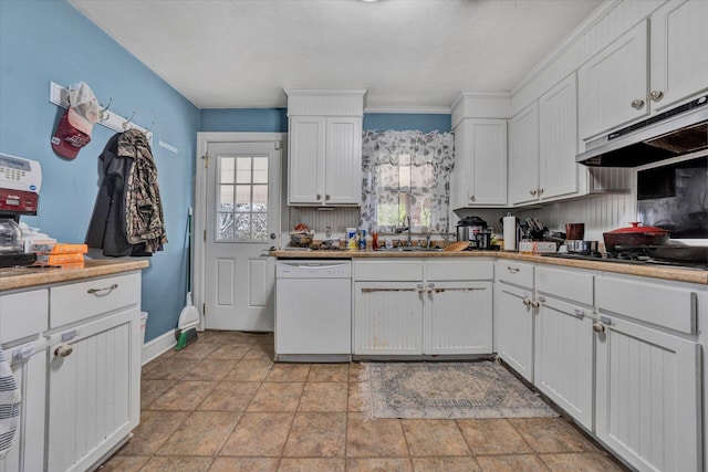 kitchen with white cabinetry, dishwasher, and light tile flooring