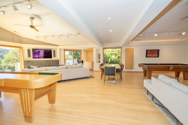 recreation room featuring ceiling fan, lofted ceiling with beams, track lighting, and pool table