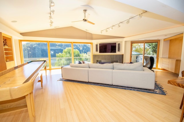 living room featuring light hardwood / wood-style flooring, a tiled fireplace, track lighting, and ceiling fan