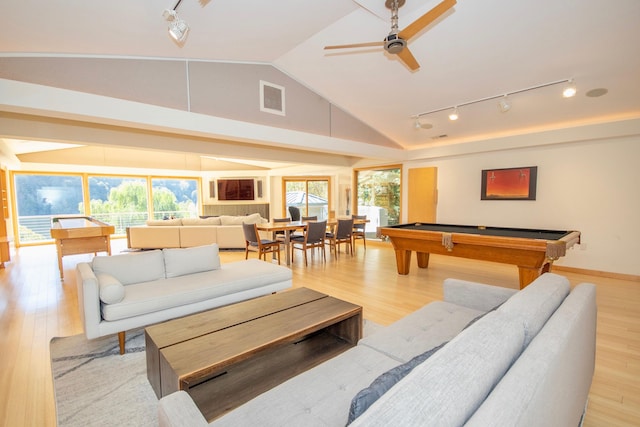 living room featuring plenty of natural light, light hardwood / wood-style flooring, track lighting, and pool table