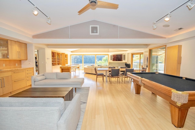 rec room featuring ceiling fan, light wood-type flooring, rail lighting, and pool table