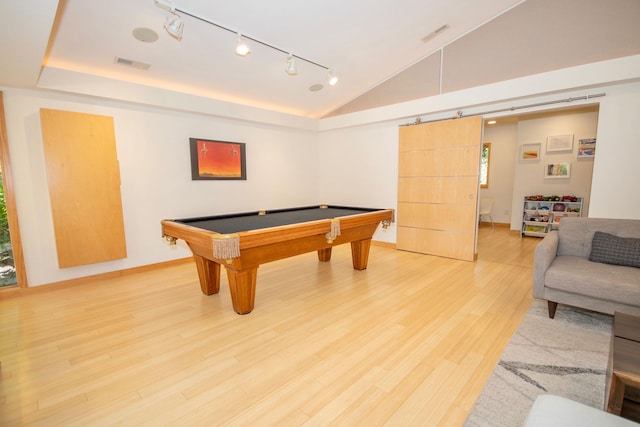 recreation room featuring pool table, high vaulted ceiling, light wood-type flooring, and track lighting