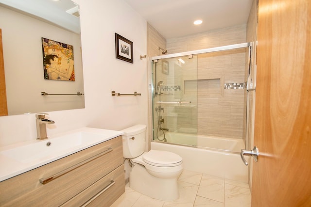 full bathroom featuring shower / bath combination with glass door, toilet, tile flooring, and vanity