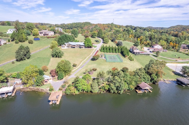 drone / aerial view with a water view