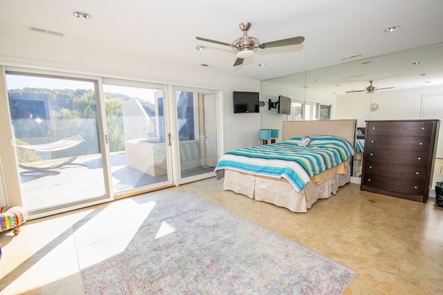 bedroom featuring light tile flooring, ceiling fan, and access to outside