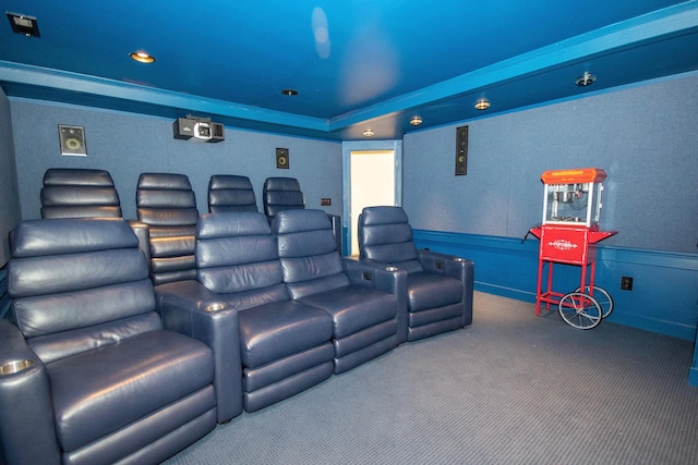 carpeted home theater with a tray ceiling