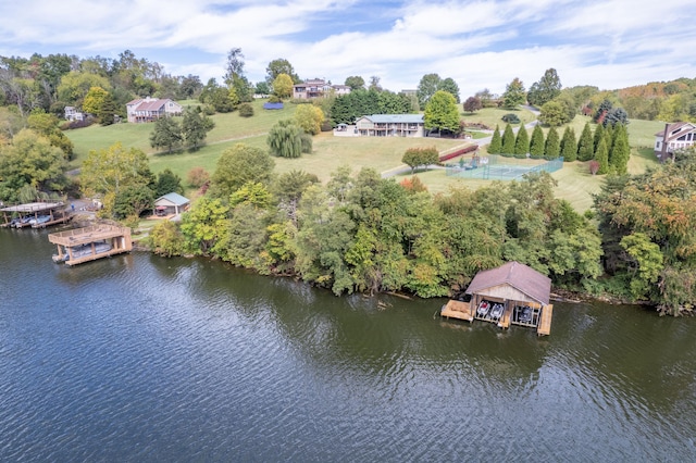 drone / aerial view featuring a water view