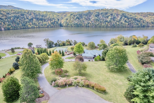 drone / aerial view featuring a water view