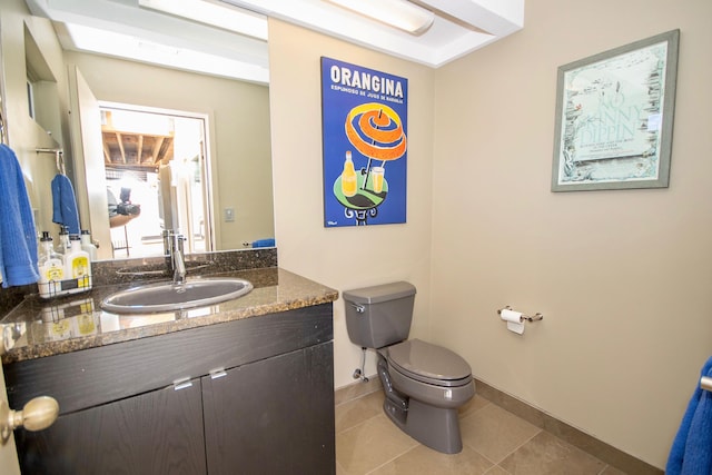 bathroom with tile floors, toilet, and vanity