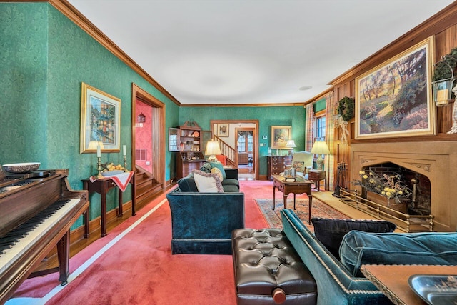 living room featuring carpet floors and ornamental molding