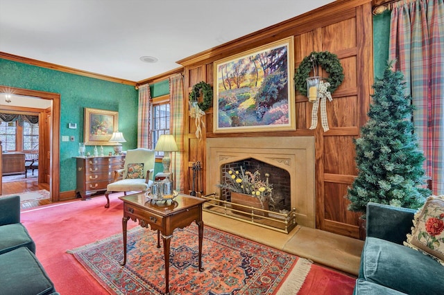 living room featuring light carpet and crown molding