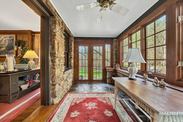 office area featuring french doors, dark hardwood / wood-style floors, and ceiling fan