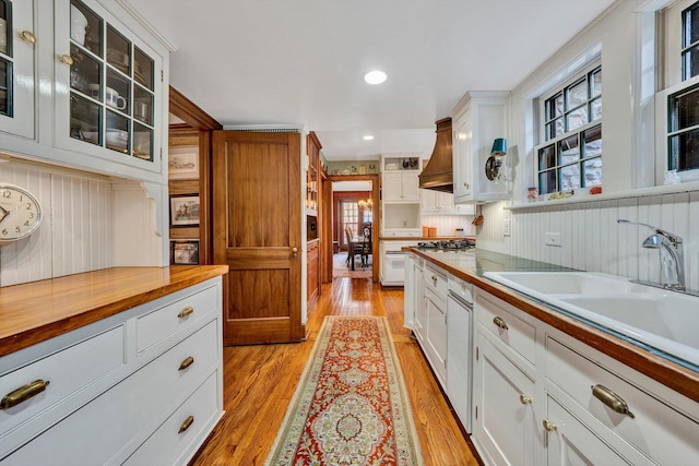 kitchen with white cabinetry, a healthy amount of sunlight, and light wood-type flooring