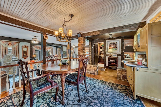 dining room with a notable chandelier, wooden ceiling, and dark wood-type flooring