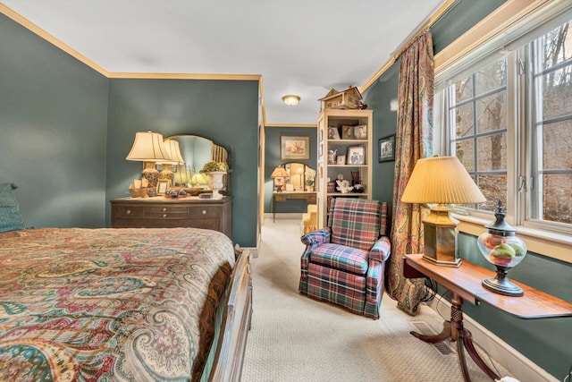 bedroom with light colored carpet and crown molding