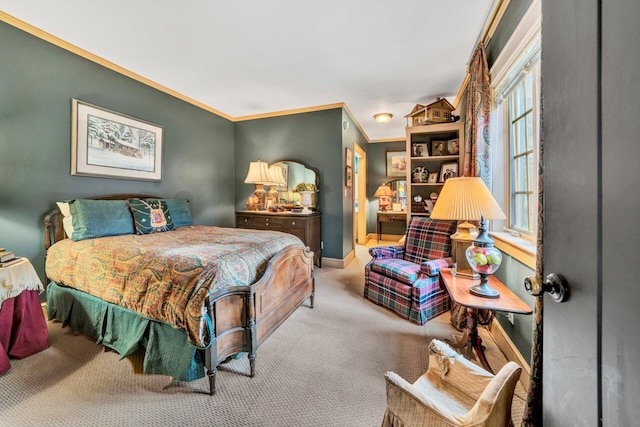 carpeted bedroom featuring ornamental molding