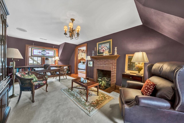 living area with light colored carpet, lofted ceiling, a chandelier, and a fireplace