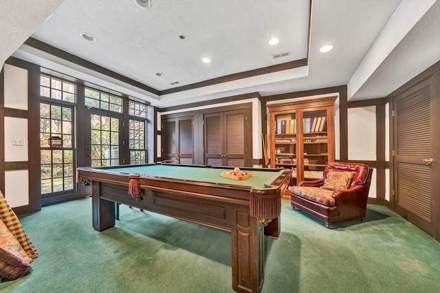 rec room with billiards, dark carpet, a tray ceiling, and french doors