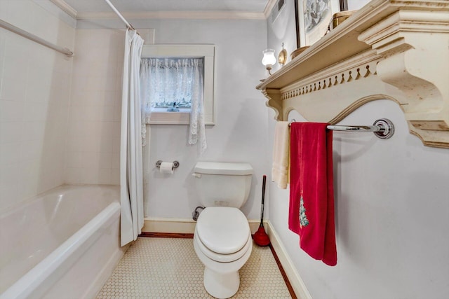 bathroom with toilet, ornamental molding, tile floors, and shower / bathtub combination with curtain