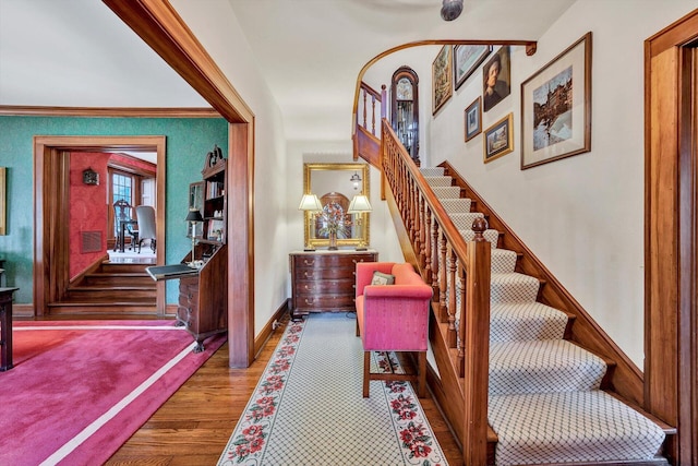 stairs featuring dark wood-type flooring