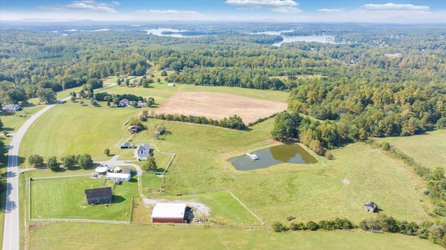 bird's eye view featuring a rural view and a water view