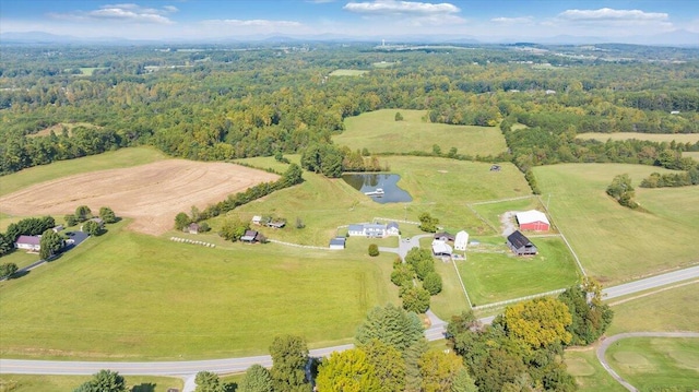 aerial view featuring a water view and a rural view