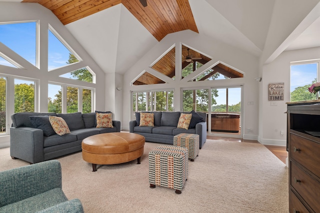 living room featuring high vaulted ceiling, wooden ceiling, and plenty of natural light