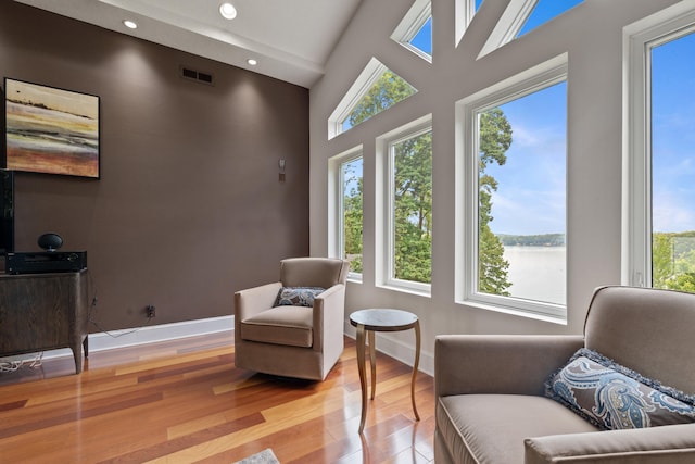 living area with high vaulted ceiling, light hardwood / wood-style flooring, and a water view