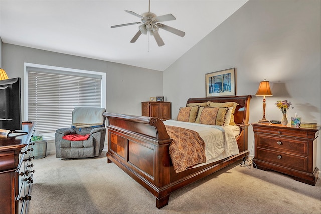 bedroom featuring light carpet, high vaulted ceiling, and ceiling fan