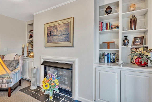 living area featuring built in features and dark colored carpet