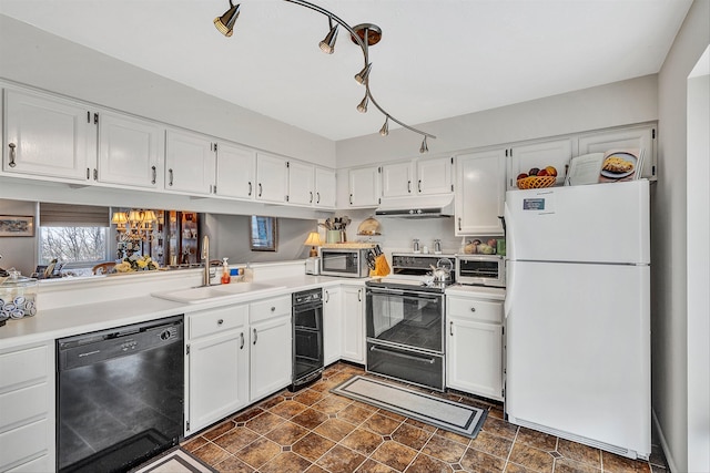 kitchen with white refrigerator, range with electric cooktop, black dishwasher, white cabinets, and sink