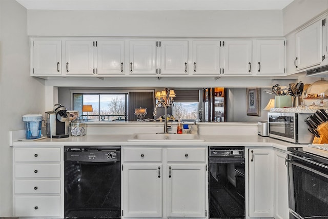 kitchen with an inviting chandelier, dishwasher, sink, white cabinetry, and electric range